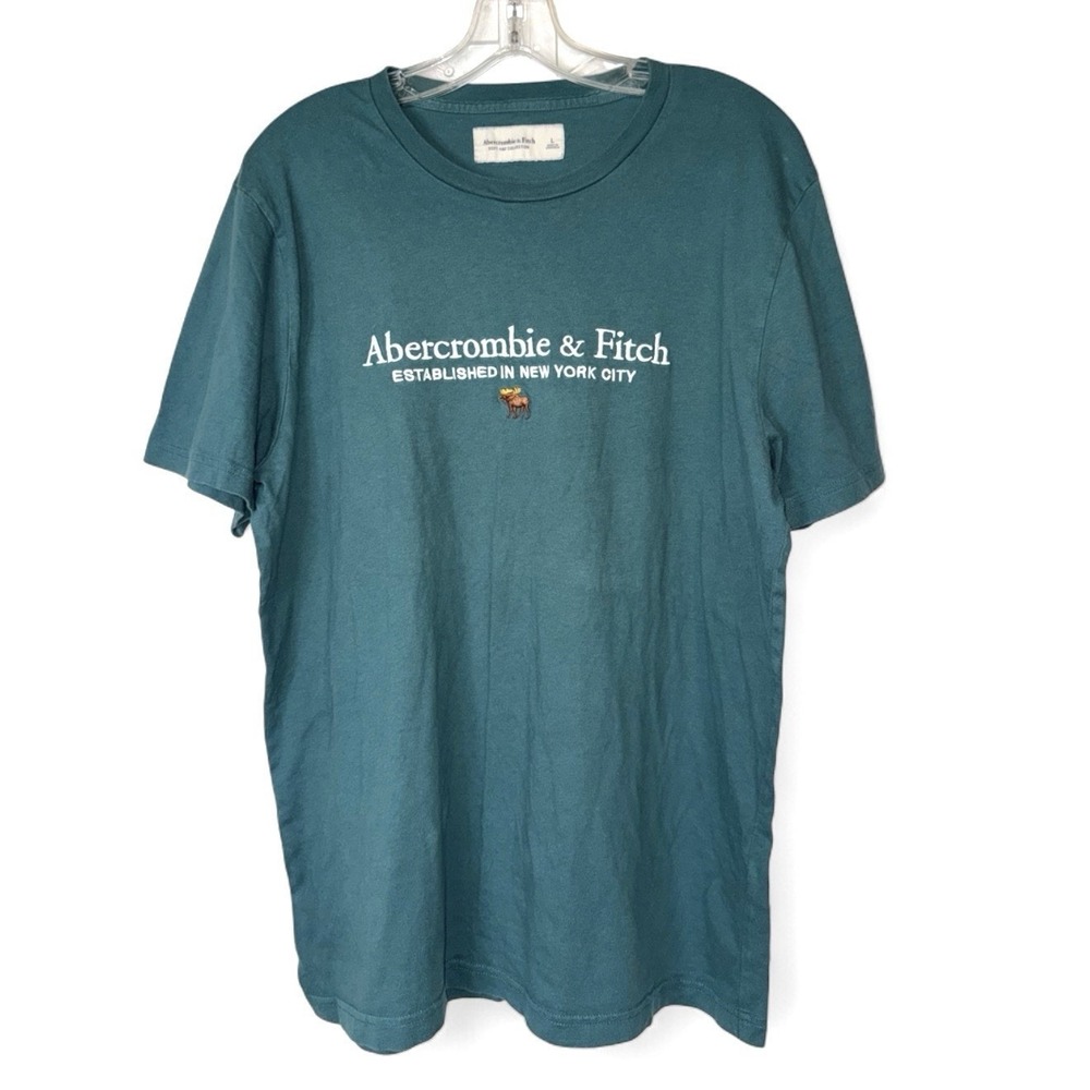 Abercrombie & Fitch Mens Large T Shirt Teal Embroidered Moose Soft A&F Spellout